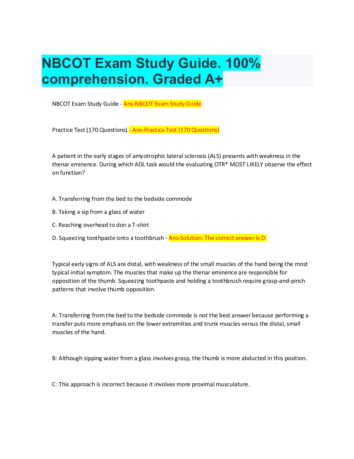 Preview of NBCOT Exam Study Guide 100% comprehension Graded A+